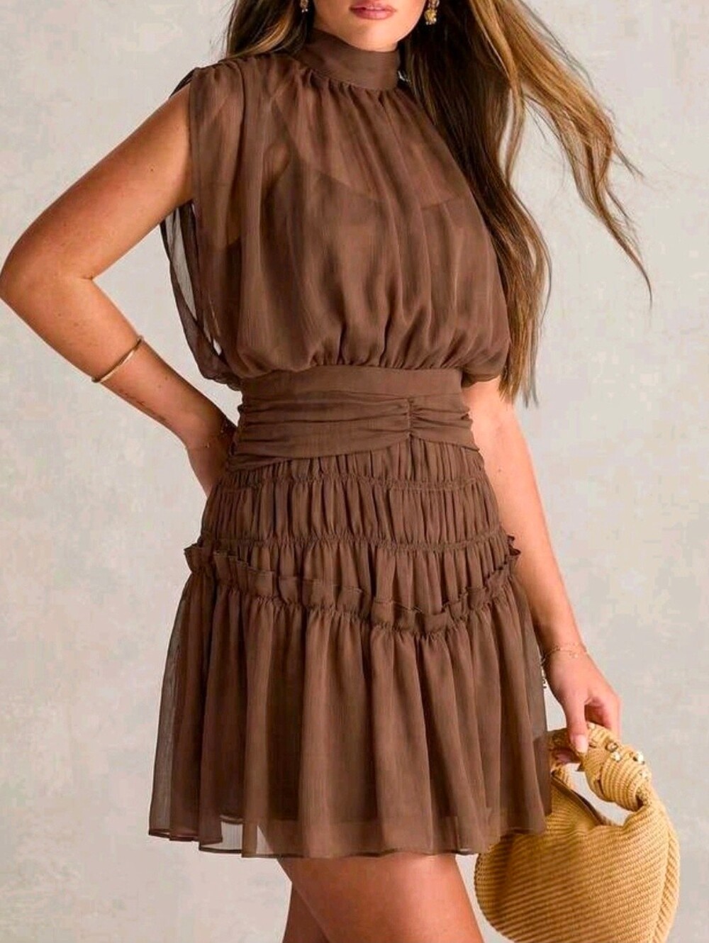 New Flowy Chiffon Smocked Waist Tie Back Halter Short Dress Brown Latte - Picture 7 of 9